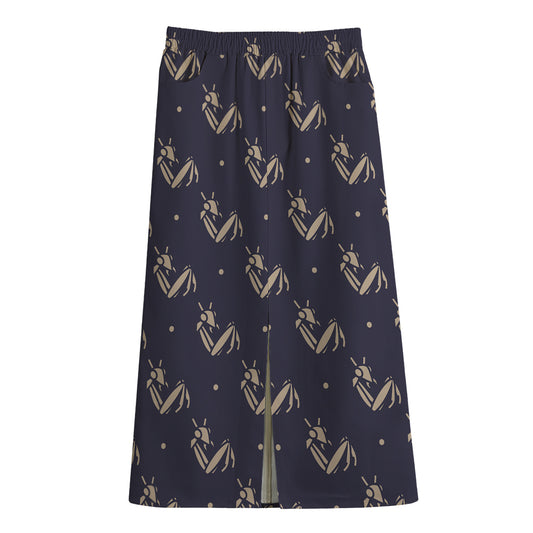 Blue And Beige Mantis Pattern Print Cotton Front Slit Maxi Skirt