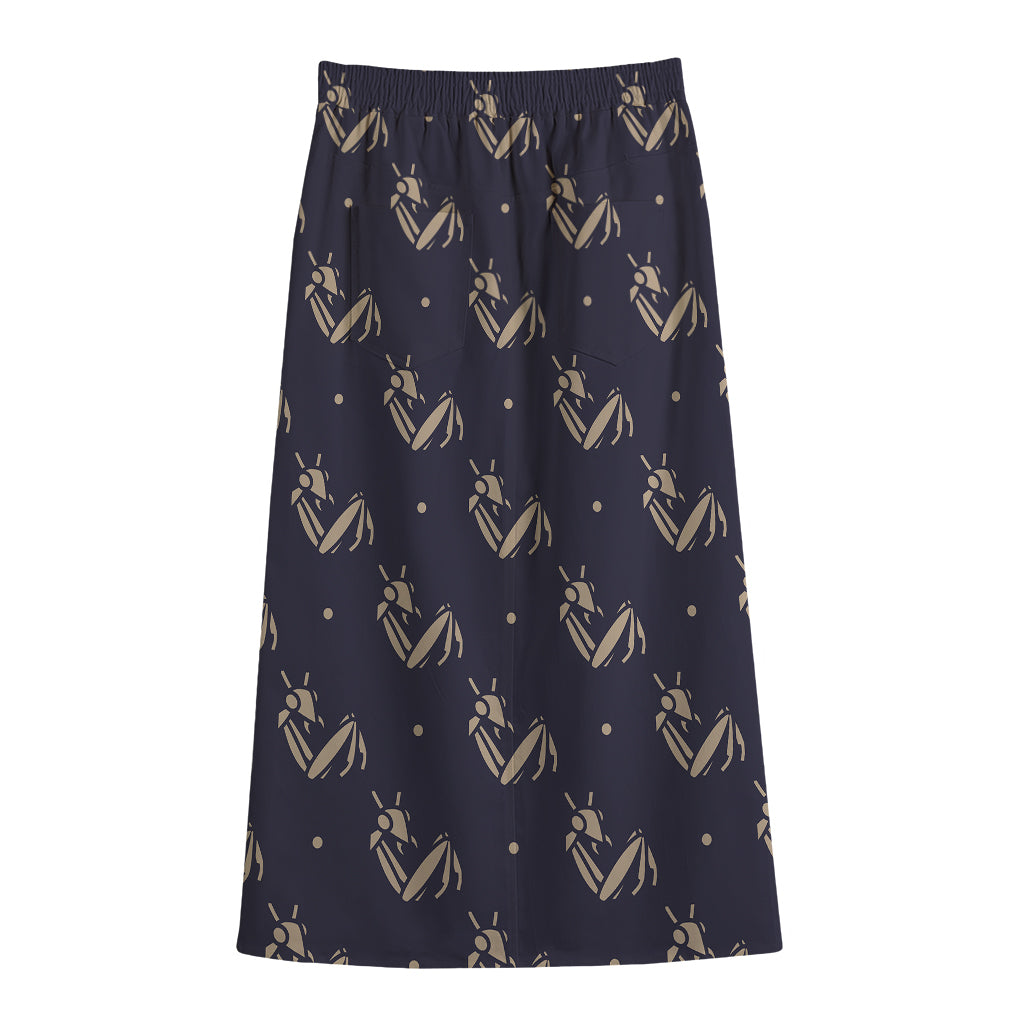 Blue And Beige Mantis Pattern Print Cotton Front Slit Maxi Skirt