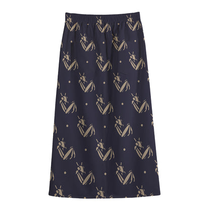 Blue And Beige Mantis Pattern Print Cotton Front Slit Maxi Skirt