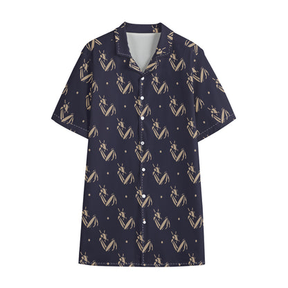 Blue And Beige Mantis Pattern Print Cotton Hawaiian Shirt