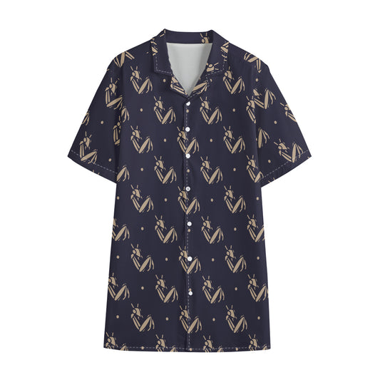 Blue And Beige Mantis Pattern Print Cotton Hawaiian Shirt