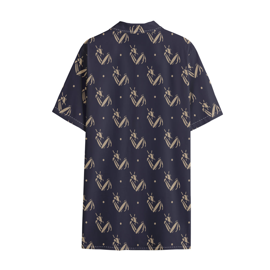 Blue And Beige Mantis Pattern Print Cotton Hawaiian Shirt