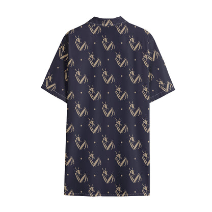 Blue And Beige Mantis Pattern Print Cotton Hawaiian Shirt