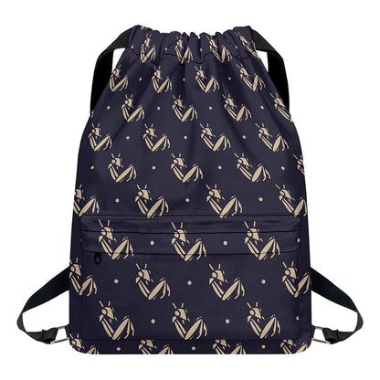 Blue And Beige Mantis Pattern Print Drawstring Backpack