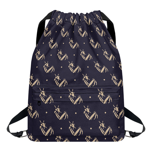 Blue And Beige Mantis Pattern Print Drawstring Backpack