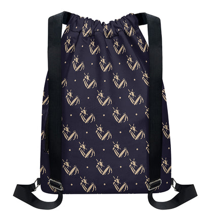 Blue And Beige Mantis Pattern Print Drawstring Backpack