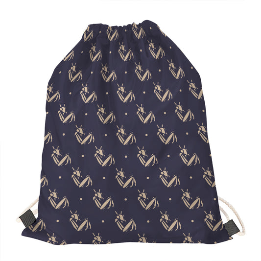 Blue And Beige Mantis Pattern Print Drawstring Bag