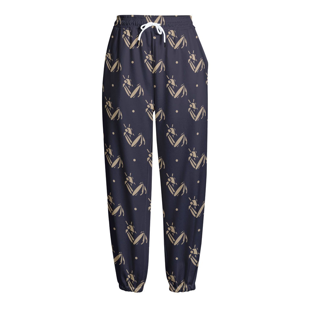Blue And Beige Mantis Pattern Print Fleece Lined Knit Pants