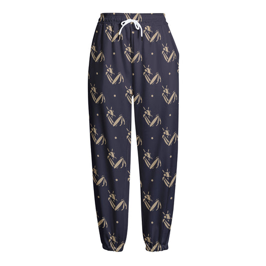 Blue And Beige Mantis Pattern Print Fleece Lined Knit Pants