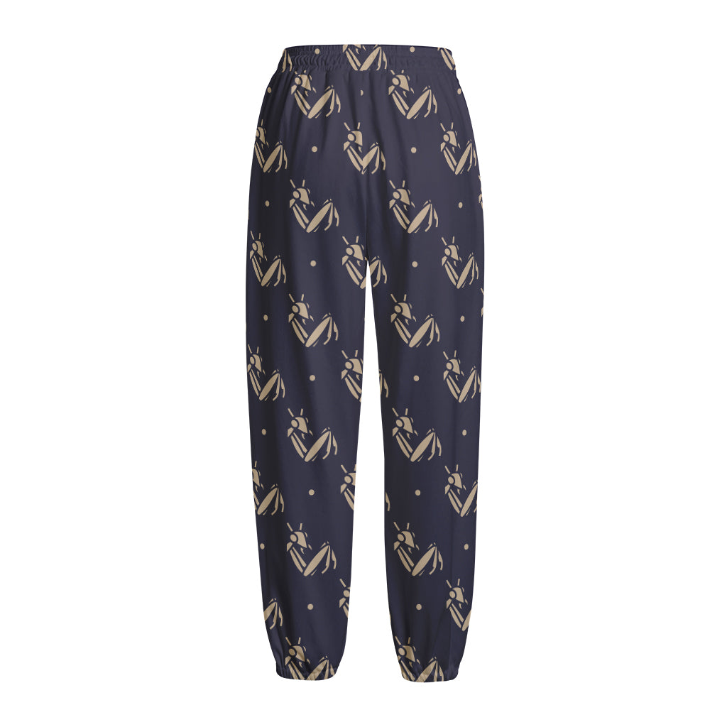 Blue And Beige Mantis Pattern Print Fleece Lined Knit Pants