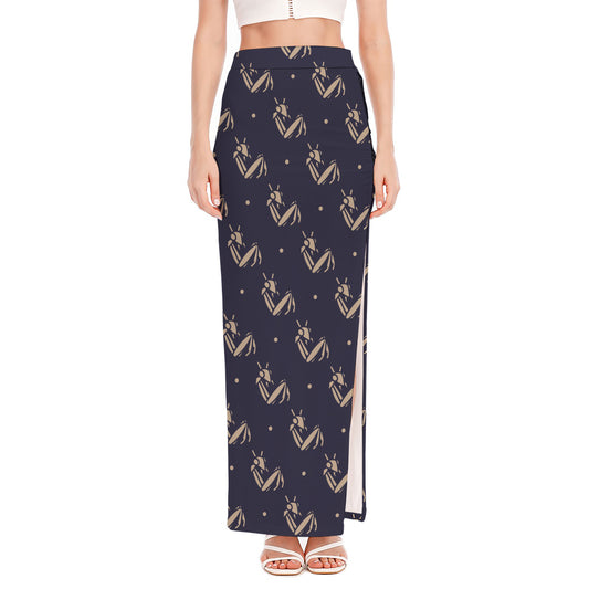Blue And Beige Mantis Pattern Print High Slit Maxi Skirt