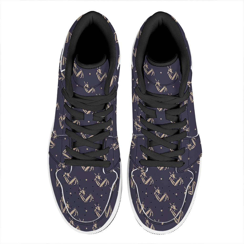 Blue And Beige Mantis Pattern Print High Top Leather Sneakers