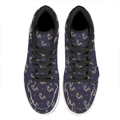 Blue And Beige Mantis Pattern Print High Top Leather Sneakers