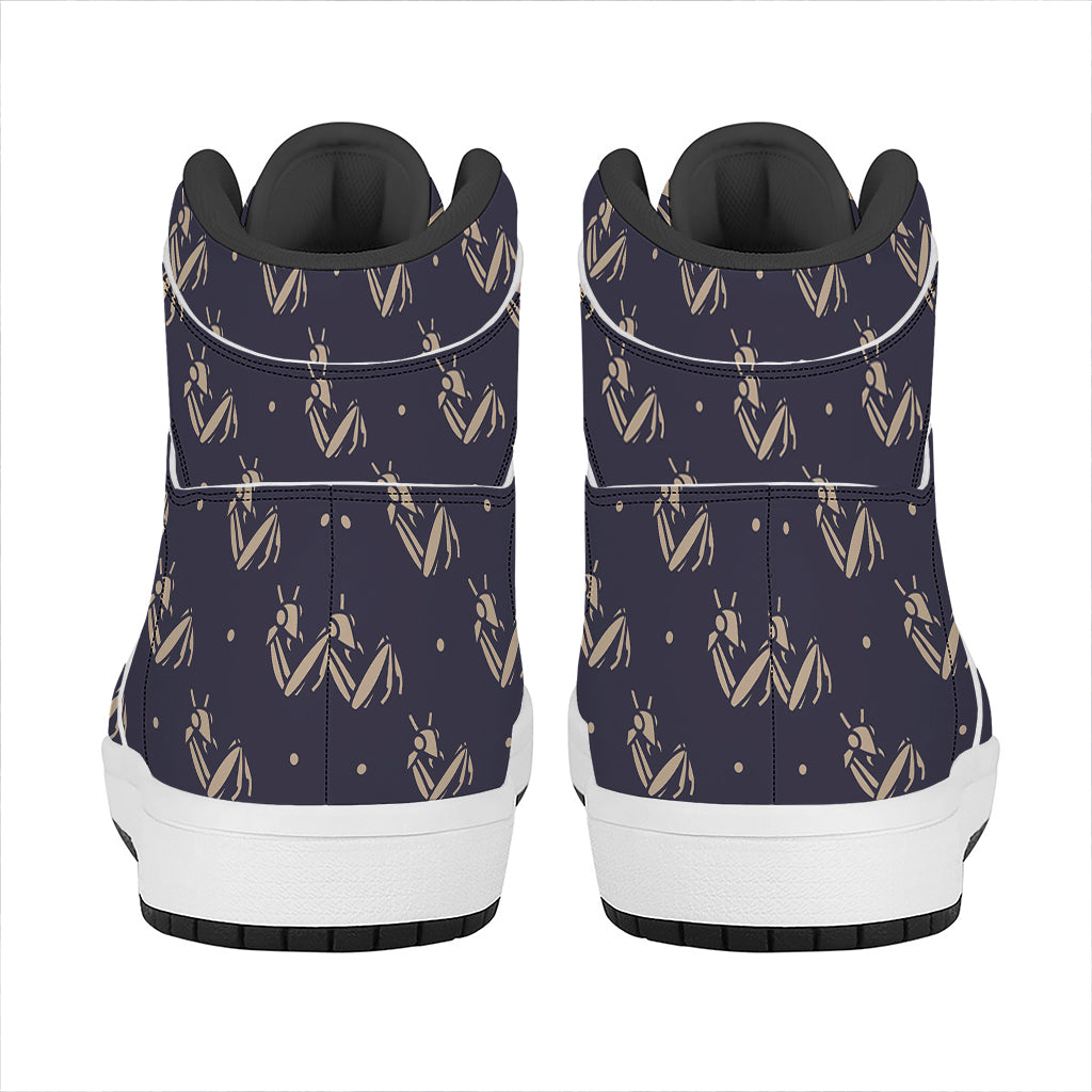 Blue And Beige Mantis Pattern Print High Top Leather Sneakers