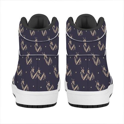 Blue And Beige Mantis Pattern Print High Top Leather Sneakers