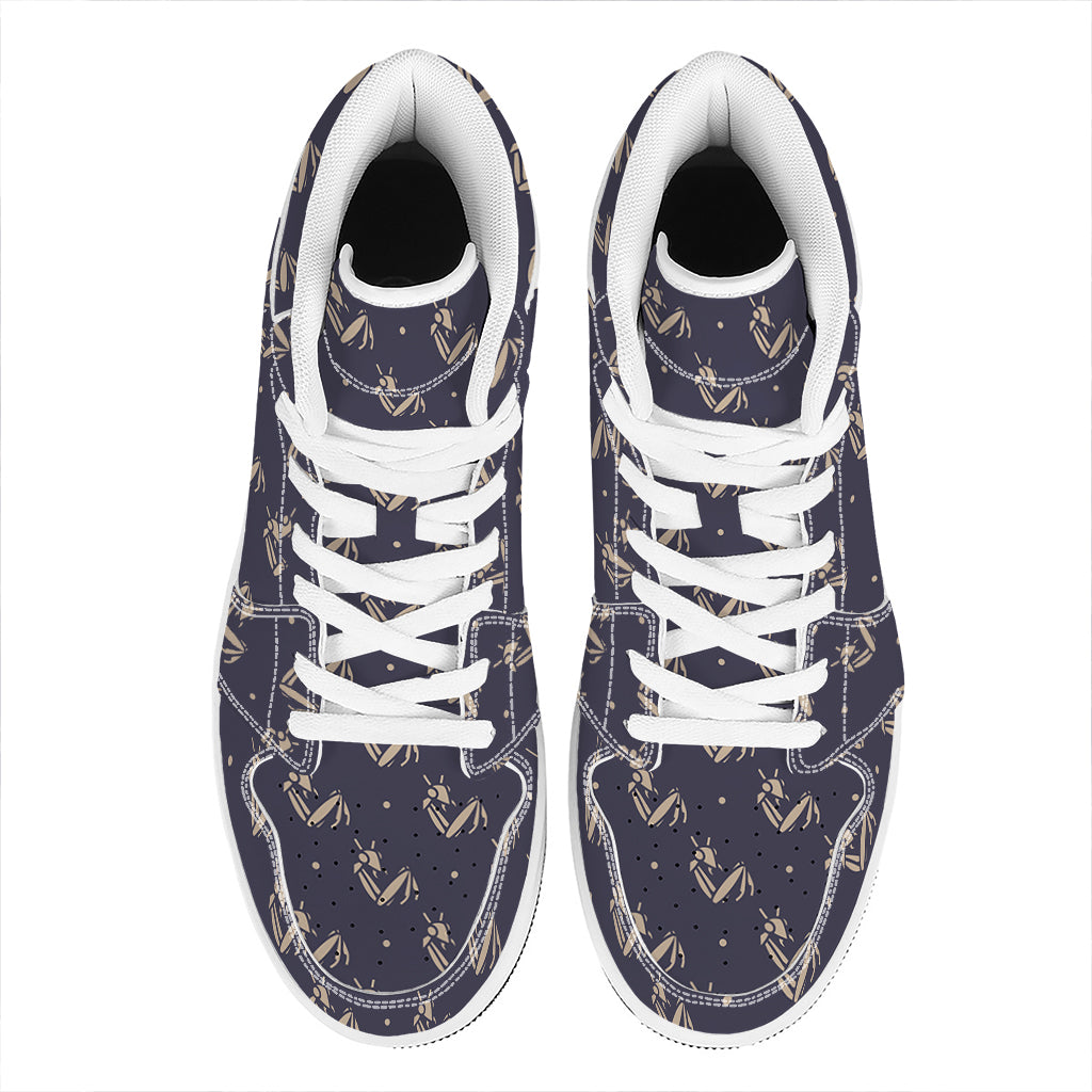 Blue And Beige Mantis Pattern Print High Top Leather Sneakers