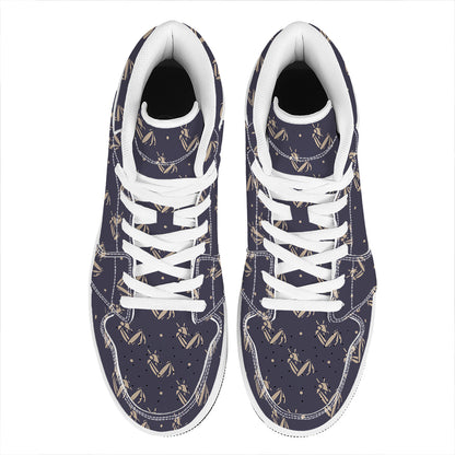 Blue And Beige Mantis Pattern Print High Top Leather Sneakers