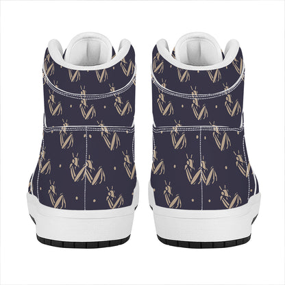 Blue And Beige Mantis Pattern Print High Top Leather Sneakers