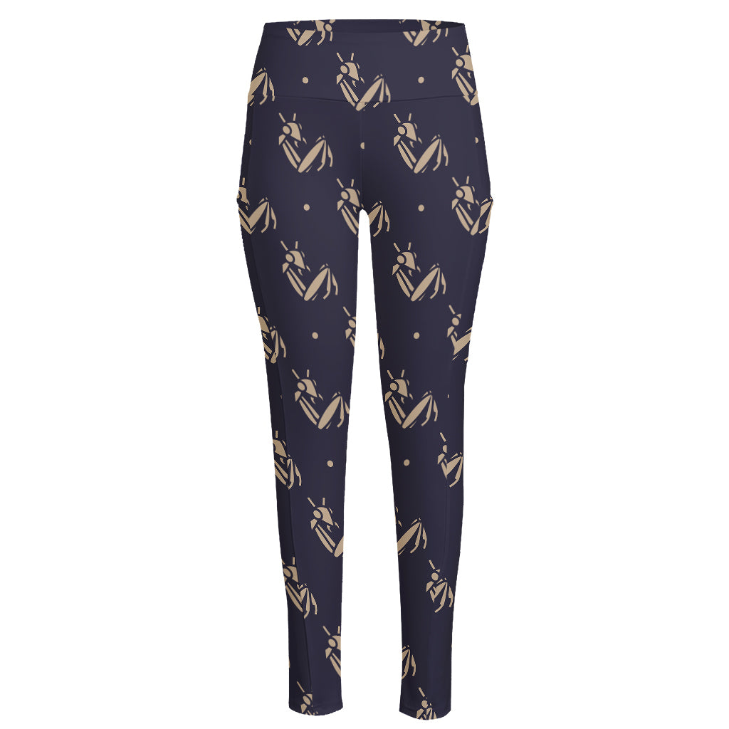 Blue And Beige Mantis Pattern Print High-Waisted Pocket Leggings