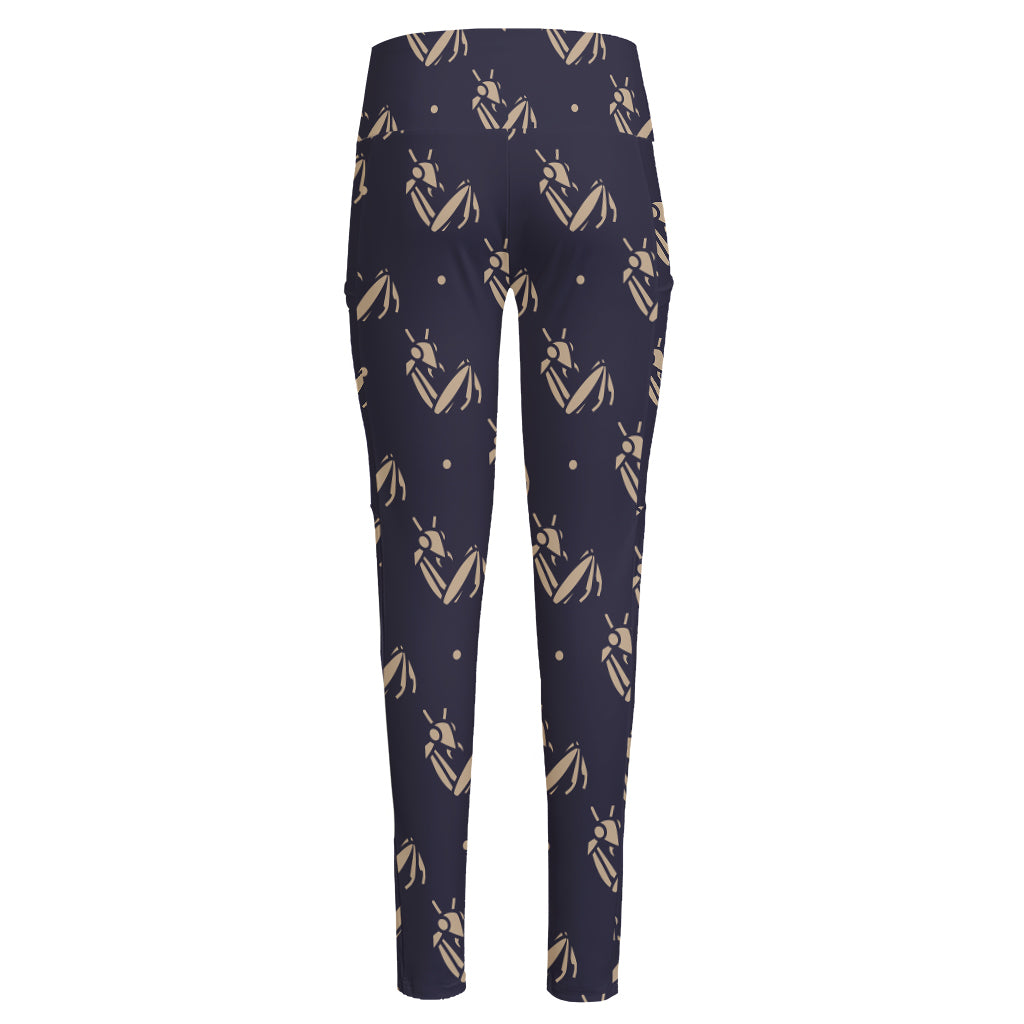 Blue And Beige Mantis Pattern Print High-Waisted Pocket Leggings