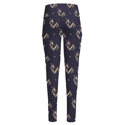 Blue And Beige Mantis Pattern Print High-Waisted Pocket Leggings