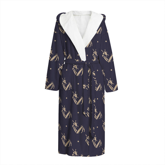 Blue And Beige Mantis Pattern Print Hooded Bathrobe