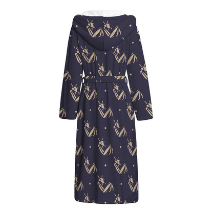 Blue And Beige Mantis Pattern Print Hooded Bathrobe