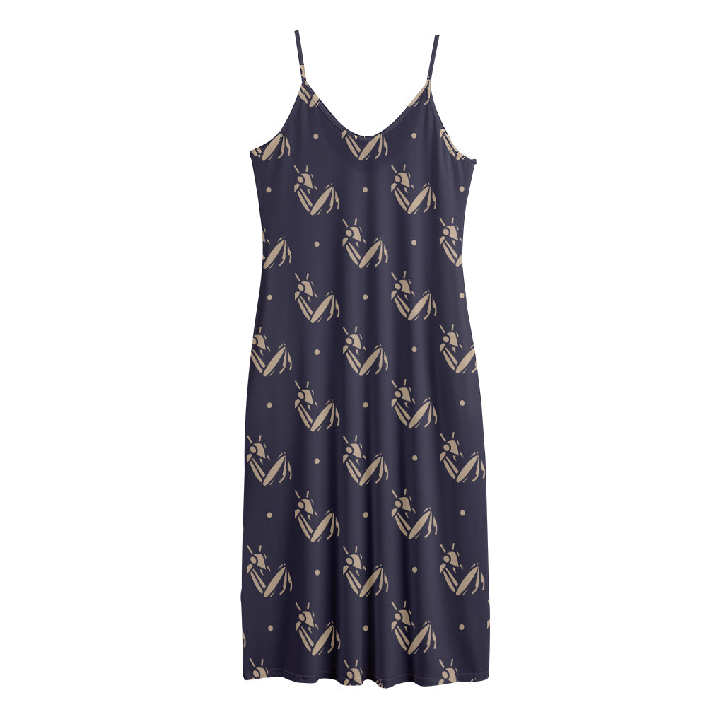 Blue And Beige Mantis Pattern Print Jersey Midi Cami Dress