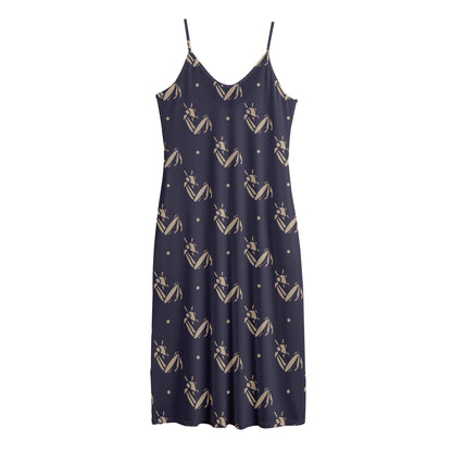 Blue And Beige Mantis Pattern Print Jersey Midi Cami Dress