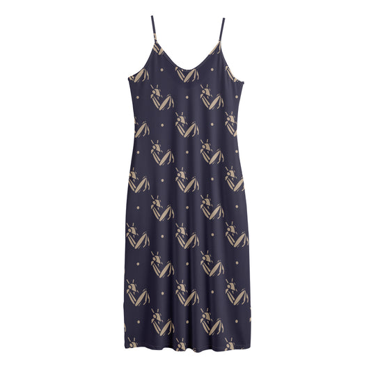 Blue And Beige Mantis Pattern Print Jersey Midi Cami Dress