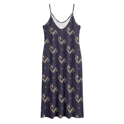 Blue And Beige Mantis Pattern Print Jersey Midi Cami Dress