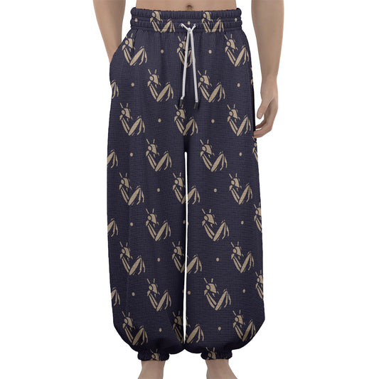 Blue And Beige Mantis Pattern Print Lantern Pants
