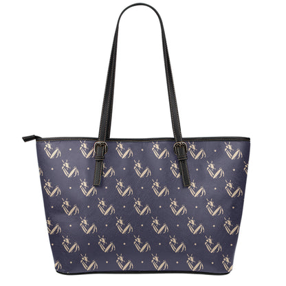 Blue And Beige Mantis Pattern Print Leather Tote Bag
