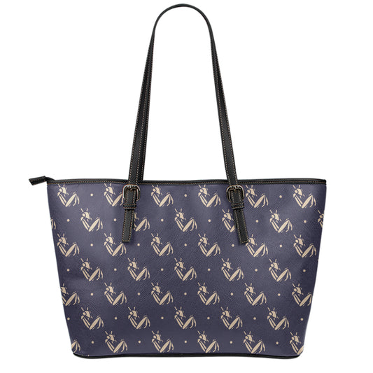 Blue And Beige Mantis Pattern Print Leather Tote Bag