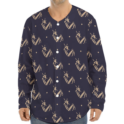Blue And Beige Mantis Pattern Print Long Sleeve Baseball Jersey