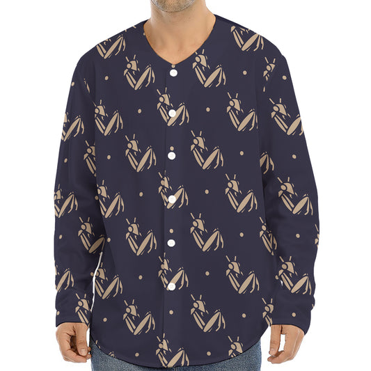 Blue And Beige Mantis Pattern Print Long Sleeve Baseball Jersey