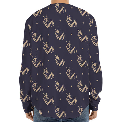 Blue And Beige Mantis Pattern Print Long Sleeve Baseball Jersey