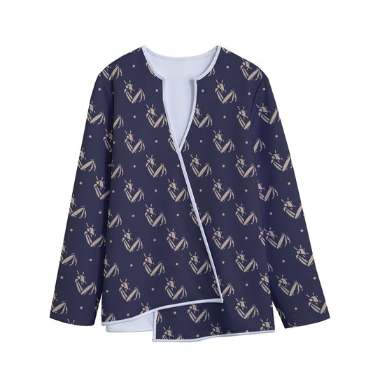 Blue And Beige Mantis Pattern Print Long Sleeve Short Coat