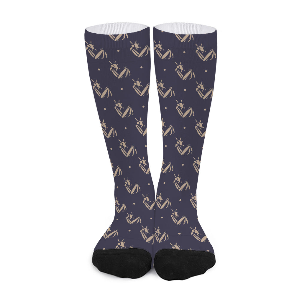Blue And Beige Mantis Pattern Print Long Socks