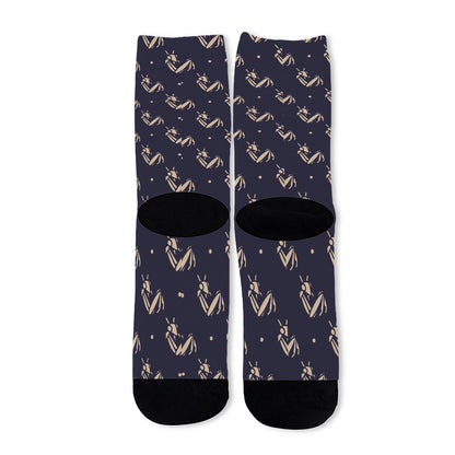 Blue And Beige Mantis Pattern Print Long Socks