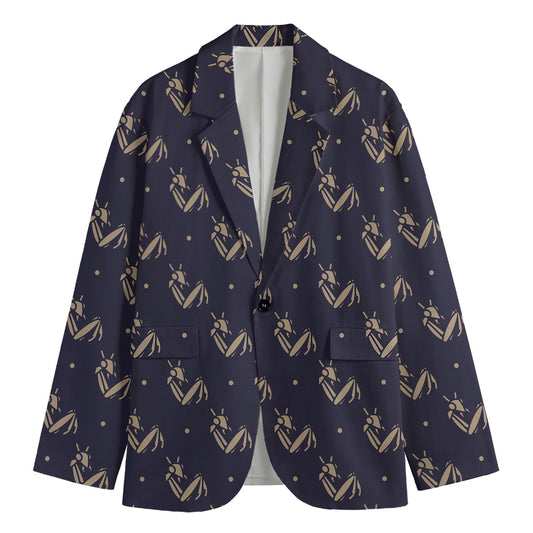 Blue And Beige Mantis Pattern Print Men's Blazer