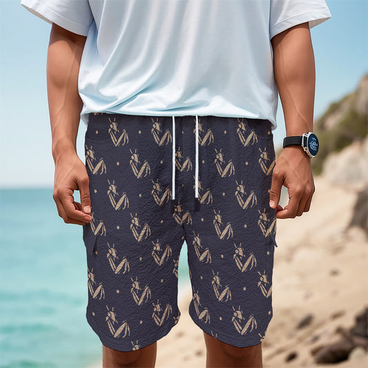 Blue And Beige Mantis Pattern Print Men's Cargo Shorts