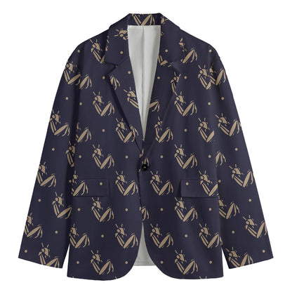 Blue And Beige Mantis Pattern Print Men's Cotton Blazer