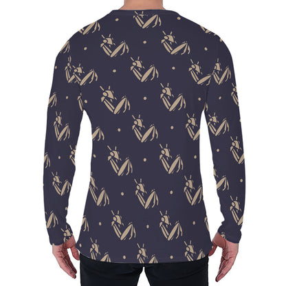 Blue And Beige Mantis Pattern Print Men's Long Sleeve T-Shirt