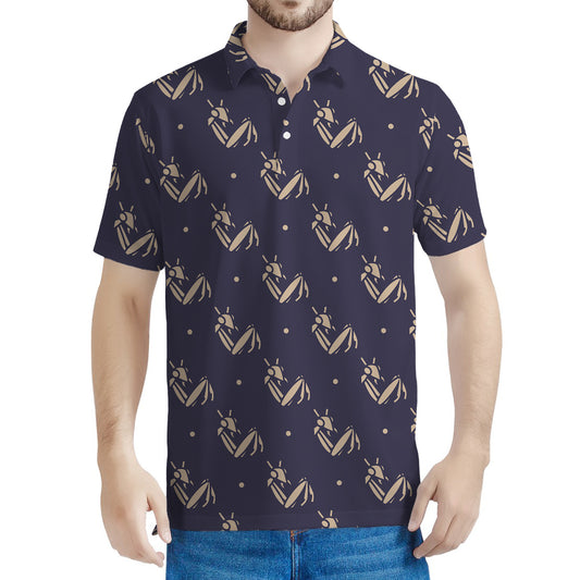 Blue And Beige Mantis Pattern Print Men's Polo Shirt