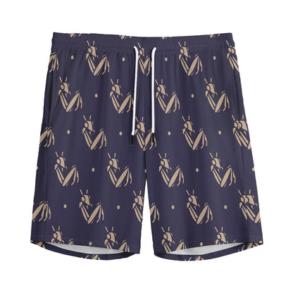 Blue And Beige Mantis Pattern Print Men's Sports Shorts