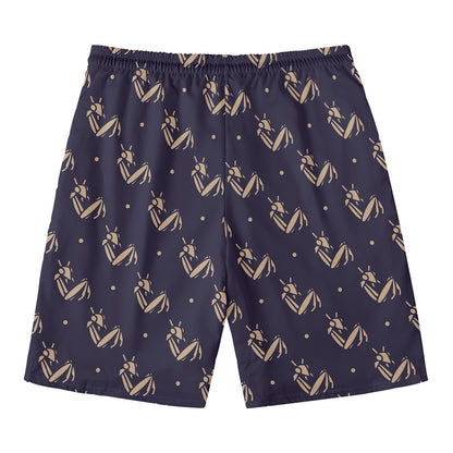 Blue And Beige Mantis Pattern Print Men's Swim Trunks