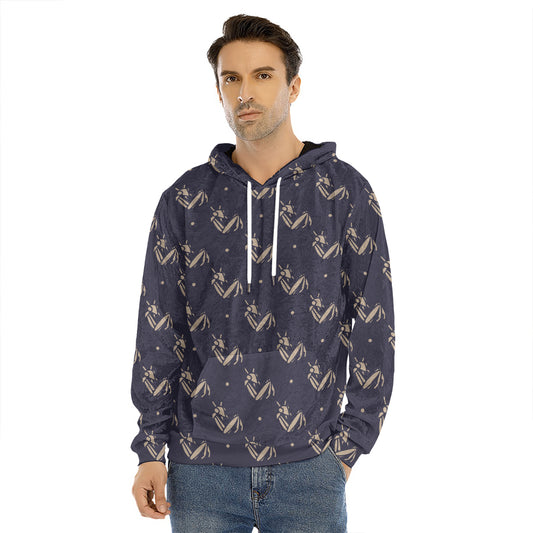 Blue And Beige Mantis Pattern Print Men's Velvet Pullover Hoodie