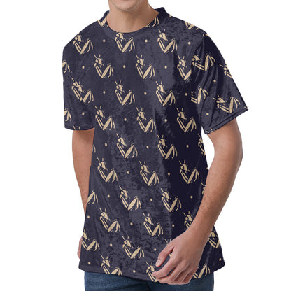 Blue And Beige Mantis Pattern Print Men's Velvet T-Shirt