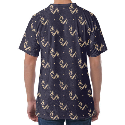 Blue And Beige Mantis Pattern Print Men's Velvet T-Shirt